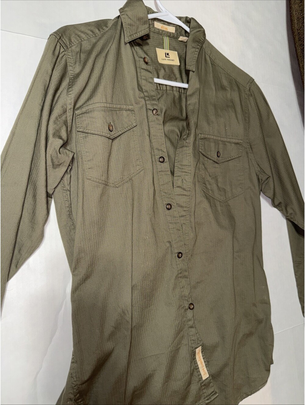 Life Khaki Button Up Long Sleeve Shirt S Army Green Pockets Elbow Patches Slim